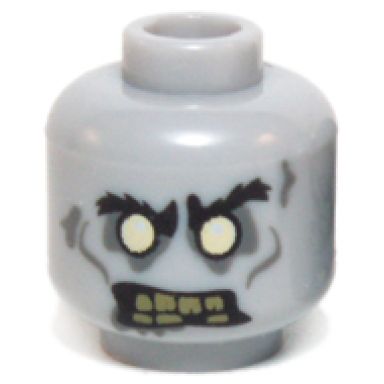 light bluish gray minifigure head alien zombie with black bushy eyebrows bright light yellow eyes dark bluish gray eye shadow cheek lines spots and drool angry open mouth with olive green teeth and missing tooth pattern