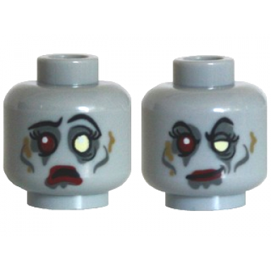 light bluish gray minifigure head dual sided alien female zombie with black eyebrows eyelashes dark bluish gray eye shadow cheek lines and drool bright light yellow left eye dark red right eye and lips dark tan dirt stains sad open mouth frown smirk pattern