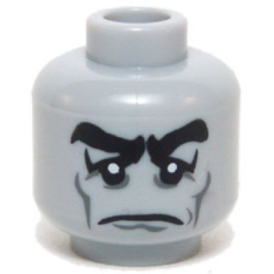 light bluish gray minifigure head black thick eyebrows dark bluish gray eye shadow cheek lines and chin dimple sad frown pattern