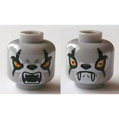 light bluish gray minifigure head dual sided alien chima wolf with yellow eyes black scars fangs closed mouth open mouth pattern worriz