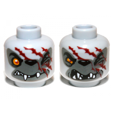 light bluish gray minifigure head dual sided alien chima wolf with orange eye dark gray face and red scars closed mouth open mouth pattern winzar