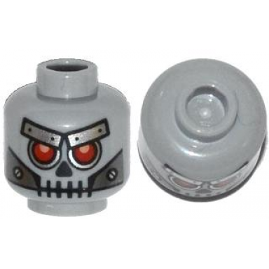 light bluish gray minifigure head alien skull with red eyes metal eyebrows with rivets and metal jaw with screws pattern