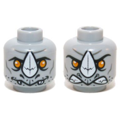 light bluish gray minifigure head dual sided alien chima rhinoceros with orange eyes and white horn neutral angry pattern rogon