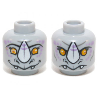 light bluish gray minifigure head dual sided alien chima rhinoceros with orange eyes purple markings and white horn neutral happy pattern rinona