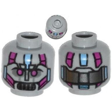 light bluish gray minifigure head alien with robot magenta eyes silver mouth medium blue line and metal plates pattern