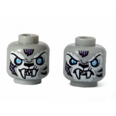 light bluish gray minifigure head dual sided alien chima tiger with fangs white face fur and light blue eyes smile angry pattern sykor