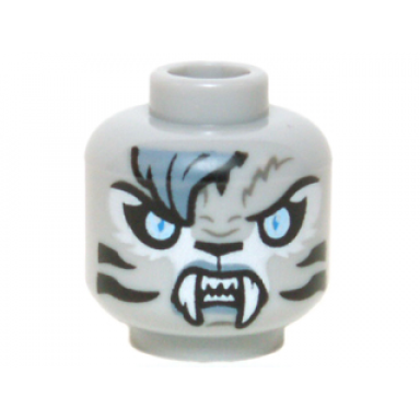 light bluish gray minifigure head alien chima tiger with bright light blue eyes black nose and stripes sand blue bangs and lips and white fangs pattern