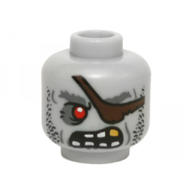 light bluish gray minifigure head alien zombie pirate with red eye dark brown eye patch stubble and gold tooth pattern