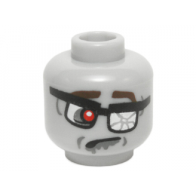 light bluish gray minifigure head alien zombie with glasses shattered lens red eye dark brown eyebrows and crooked frown pattern