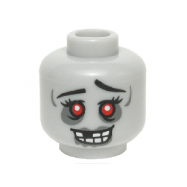 light bluish gray minifigure head alien zombie female black eyebrows and eyelashes red eyes dark bluish gray eye shadow lips and drool open mouth smile with missing tooth pattern