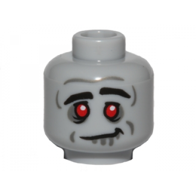 light bluish gray minifigure head alien zombie black thick eyebrows red eyes dark bluish gray eye shadow dimples drool and forehead crease lopsided grin pattern