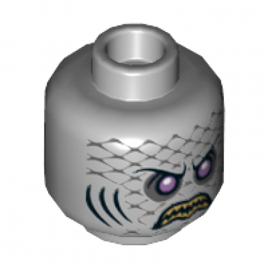 light bluish gray minifigure head alien with purple eyes yellow teeth scales and gills pattern sharx