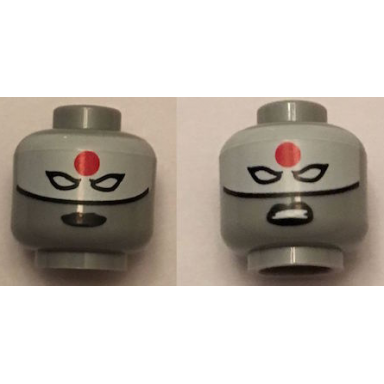 light bluish gray minifigure head dual sided female mask white with red sun on forehead and black lips stern angry pattern katana