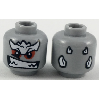 light bluish gray minifigure head alien with white bushy eyebrows red eyes bared sharp teeth pattern doomsday