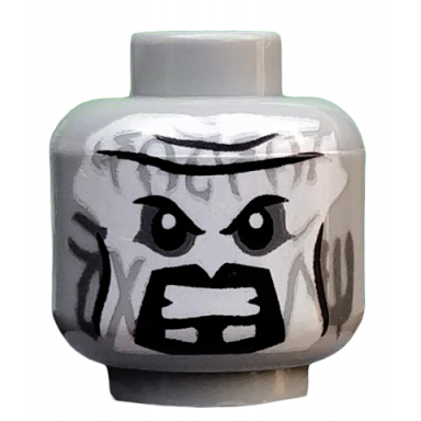 light bluish gray minifigure head alien with white face black brow and cheek lines and goatee gritted teeth pattern