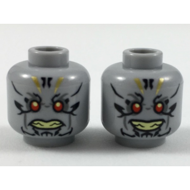light bluish gray minifigure head dual sided alien with red eyes gold and black tattoos neutral faint smile pattern