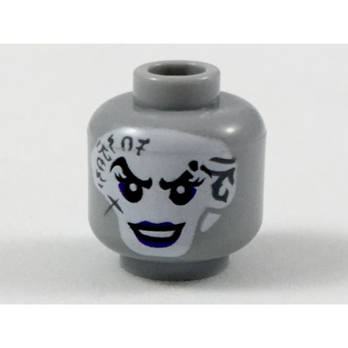 light bluish gray minifigure head female white face with dark bluish gray tattoos dark purple eye shadow and lips pattern