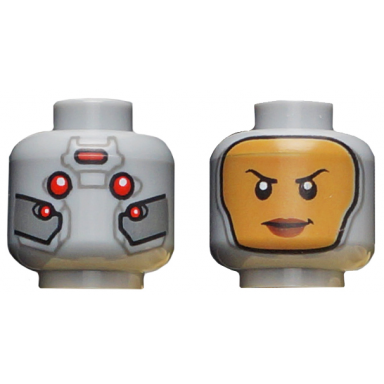 light bluish gray minifigure head dual sided female balaclava with yellow face red eyes silver plates pattern