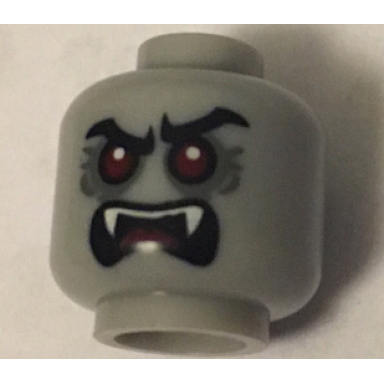 light bluish gray minifigure head alien vampire black eyebrows red eyes dark bluish gray eye shadow open mouth with fangs and tongue pattern bam