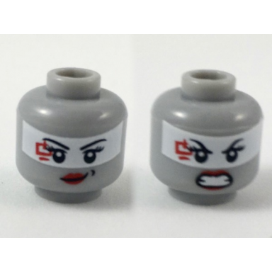 light bluish gray minifigure head dual sided female black eyebrows eyelashes white band across eyes red lips and ninjago logogram letter h lopsided grin with dimple angry bared teeth pattern