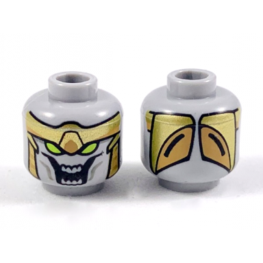 light bluish gray minifigure head alien with gold armor lime eyes large open mouth with 8 teeth pattern