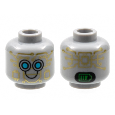 light bluish gray minifigure head alien robot with gold circuitry medium azure eyes black smile and bright green battery indicator on back pattern