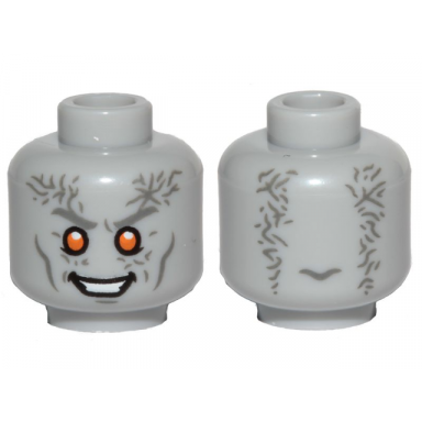 light bluish gray minifigure head alien white teeth dark bluish gray cheek lines eyebrows and wrinkles orange eyes smile pattern