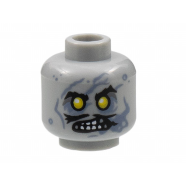 light bluish gray minifigure head alien zombie black eyebrows and moustache yellow eyes open mouth with teeth sand blue streaks pattern
