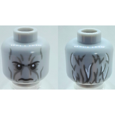 light bluish gray minifigure head alien black eyebrows contour lines frown dark bluish gray and white hair on back pattern