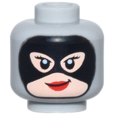 light bluish gray minifigure head female balaclava light nougat face black mask and eyelashes red lips smirk pattern