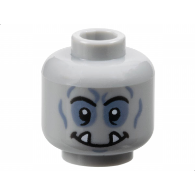 light bluish gray minifigure head alien orc black eyebrows sand blue eye shadow chin dimple and wrinkles wide grin with bottom fangs pattern