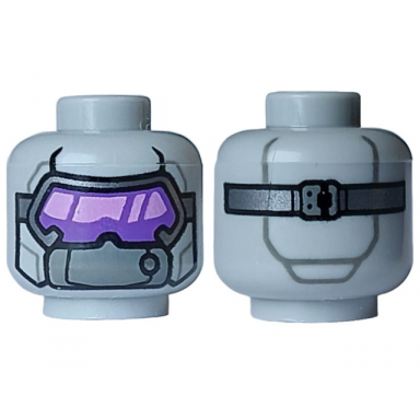 light bluish gray minifigure head alien black and silver visor dark purple and medium lavender lenses dark bluish gray plate and strap with buckle on back pattern