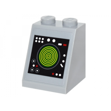light bluish gray slope 65 2 x 2 x 2 with bottom tube with white and red buttons and yellow concentric circles display pattern sticker - set 76052