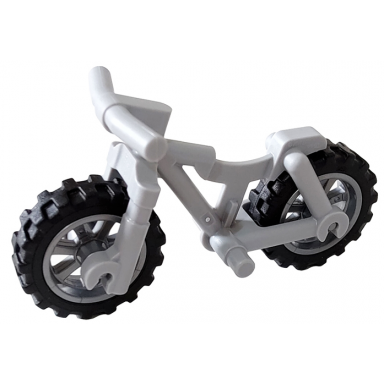 light bluish gray bicycle heavy mountain bike with straight handlebars with flat silver wheels and black tires 36934 50862 50861
