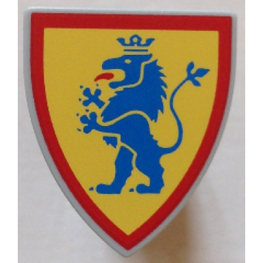 light bluish gray minifigure shield triangular short with blue lion standing on yellow background with red border pattern