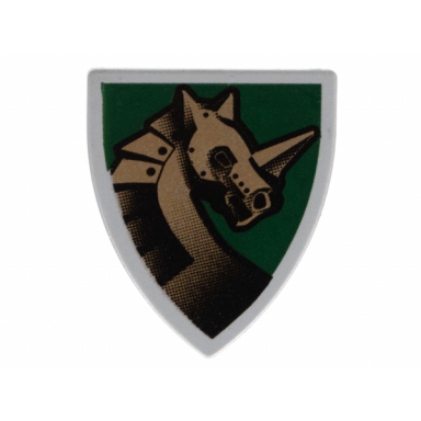 light bluish gray minifigure shield triangular short with gold armored horse unicorn on dark green background pattern