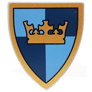 light bluish gray minifigure shield triangular short with gold crown on dark blue and medium blue quarters background pattern
