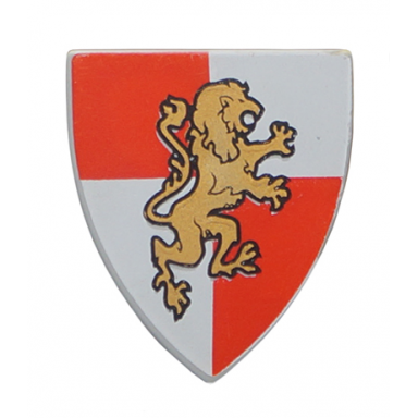 light bluish gray minifigure shield triangular short with gold lion on red and white quarters background pattern