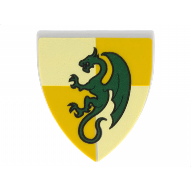 light bluish gray minifigure shield triangular short with dark green dragon on bright light yellow and bright light orange quarters background pattern