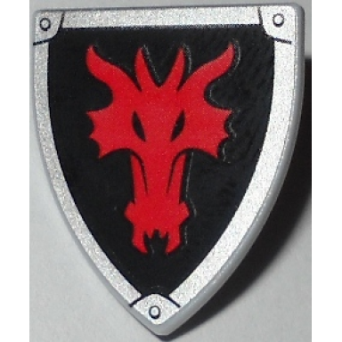light bluish gray minifigure shield triangular short with red dragon head on black background pattern