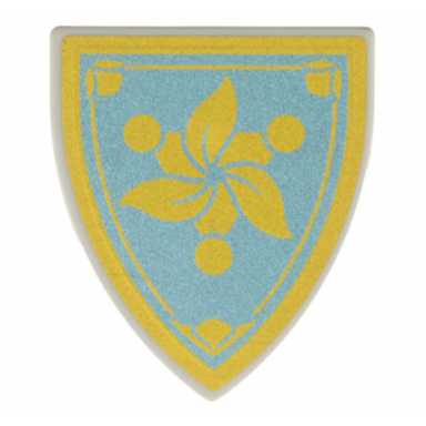 light bluish gray minifigure shield triangular short with gold flower and border on metallic light blue background pattern