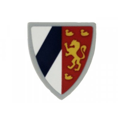light bluish gray minifigure shield triangular short with dark blue stripe and gold lion pattern sticker - set 71040