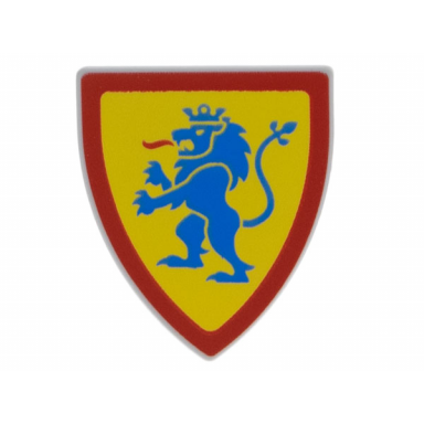 light bluish gray minifigure shield triangular short with blue lion standing with raised foot on yellow background with red border pattern
