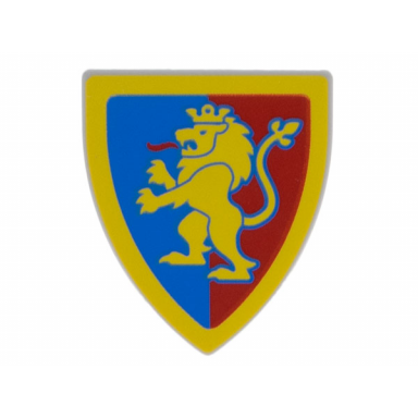light bluish gray minifigure shield triangular short with yellow lion with raised foot on blue and red background with border pattern