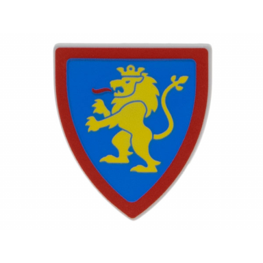 light bluish gray minifigure shield triangular short with yellow lion standing with raised foot on blue background with red border pattern
