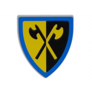 light bluish gray minifigure shield triangular short with yellow and black crossed halberds and blue border pattern