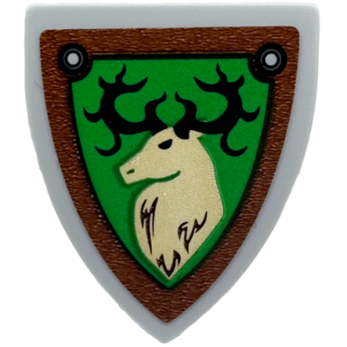 light bluish gray minifigure shield triangular short with forestmen elk deer head on green background with reddish brown border pattern sticker - set 910001
