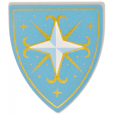 light bluish gray minifigure shield triangular short with ornate bright light blue and white cross with gold sparkles and border on medium blue background pattern