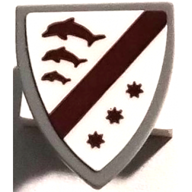 light bluish gray minifigure shield triangular short with dark red stripe 3 dolphins and stars on white background pattern sticker - set 76440