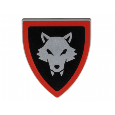 light bluish gray minifigure shield triangular short with silver wolfpack almond eyes red border around black background pattern